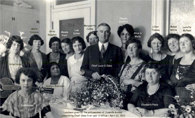 A gathering with policewomen, including Alice Stebbins Wells, in 1923.