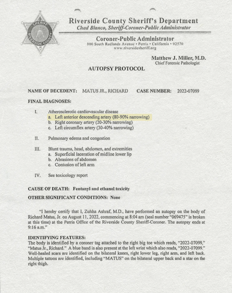 The Riverside County Sheriff’s Department coroner’s death record for Richard Matus Jr.