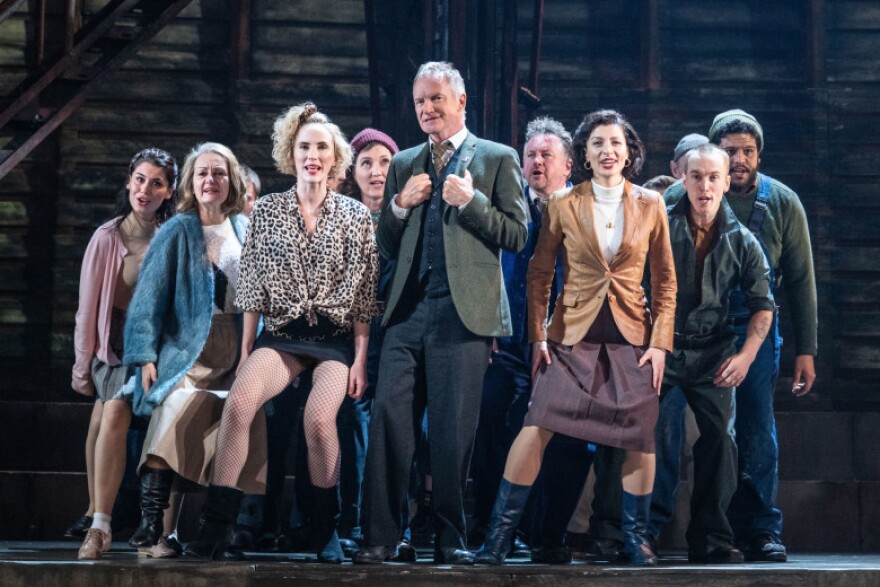 Sting (center) with the cast of "The Last Ship" at the Ahmanson Theatre.