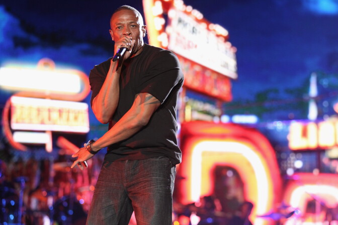 Rapper Dr. Dre performs onstage during day 3 of the 2012 Coachella Valley Music & Arts Festival at the Empire Polo Field on April 15, 2012 in Indio, California.