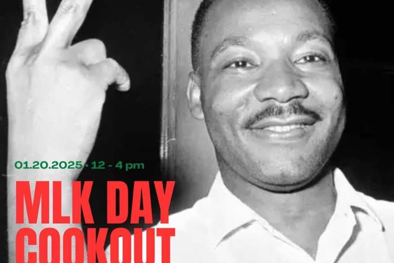 A digital poster advertising free food, free groceries and kids games at the MLK Day Cookout hosted by the Legacy Library at Black Lantern Books. It uses a portrait of Martin Luther King, Jr. holding up a peace sign as the background image.