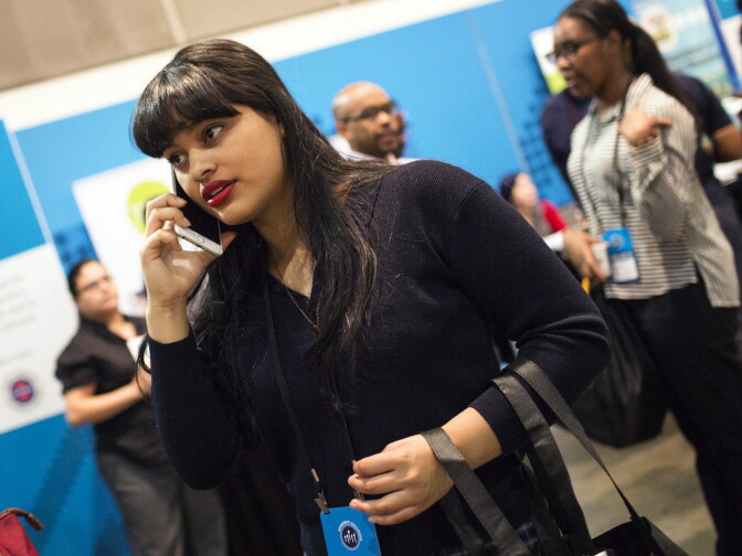 Samantha Magellan, 16, received a job offer from Starbucks at the Los Angeles Convention Center on Thursday morning, Feb. 11, 2016 during the Los Angeles Opportunity Hiring Fair.