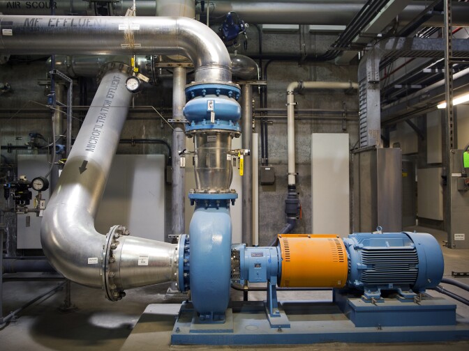 The water then enters the first step of the recycling process, micro-filtration. Sewer water is forced by air pressure through a series of microfiber membrane modules that are 5 inches wide and 47 inches long.