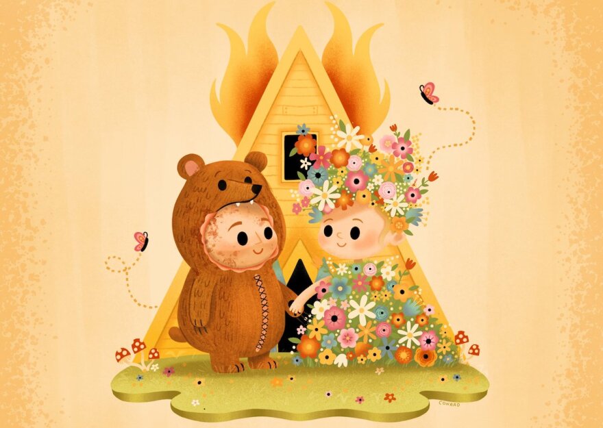 An image from the 'Crazy4Cult' art exhibition shows a cartoonish drawing of two children, one in a bear suit and the other in a dress of flowers. They are standing in front of a triangle-shaped house.