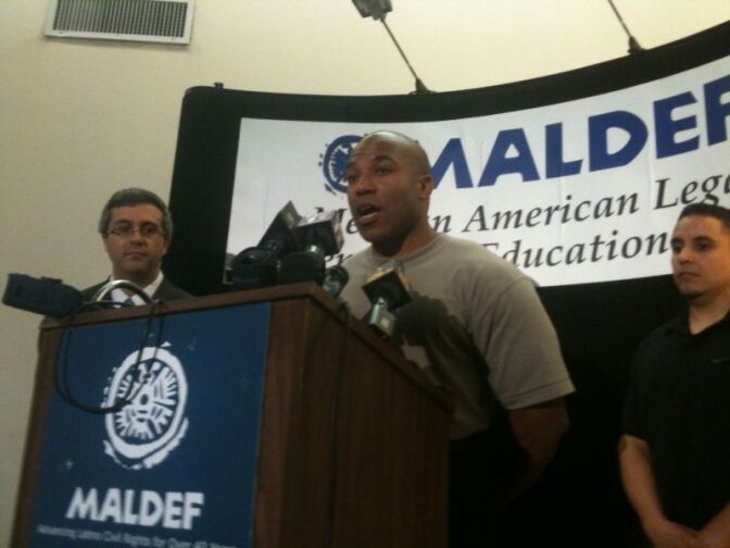 Raoul Fulcher speaks out against 24 Hour Fitness at a press conference announcing a class action lawsuit accusing the company of racial and gender discrimination, July 13, 2010. 