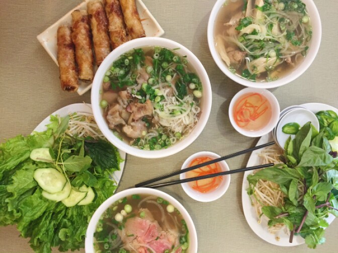 Pho and egg rolls (cha gio) at Golden Deli in Temple City. (Elina Shatkin/LAist)
