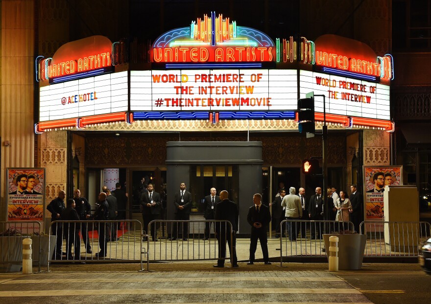 Security is seen outside The Theatre at Ace Hotel before the premiere of the film "The Interview"  in Los Angeles, California on December 11, 2014.  