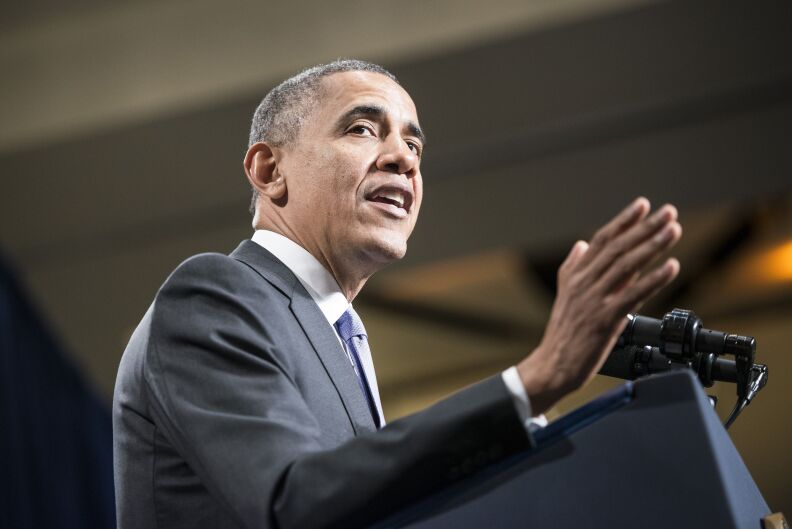 US President Barack Obama speaks during the Democratic Issues Conference February 14, 2014 in Cambridge, Maryland. Obama spoke about goals for Democrats in the US Congress for the coming year.