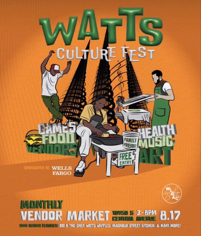 Digital flyer with an orange background and three people doing different activities like dancing, pottery, and shirt printing for the Watts Culture Fest.