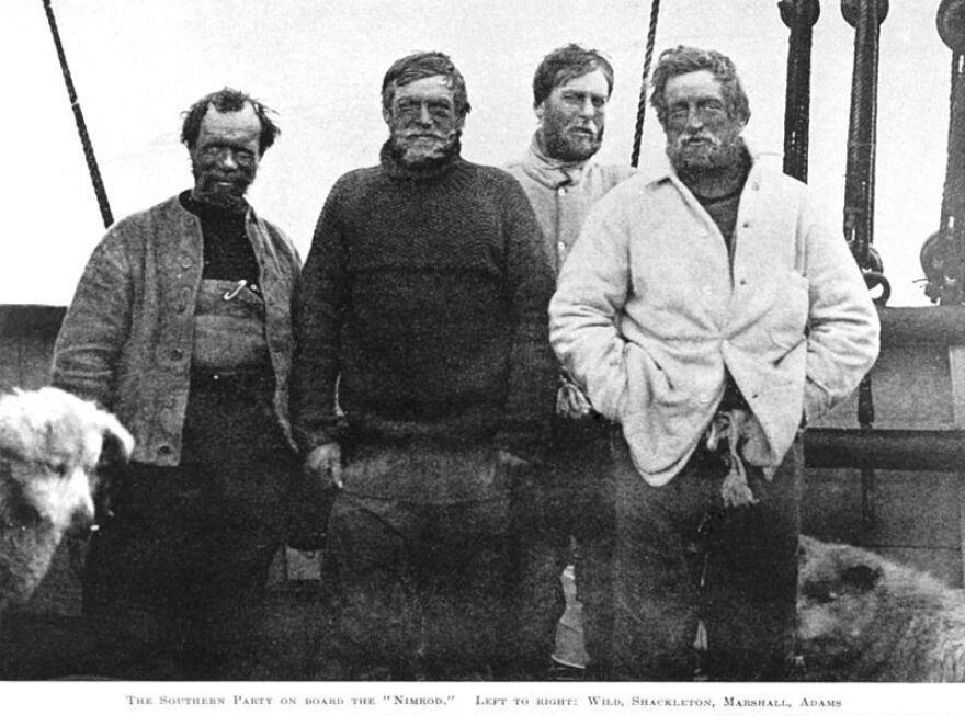  Left to right - Wild, Shackleton, Marshall, Adams. The four members of the party that set out to attempt to become the first to reach the South pole, they were defeated by the weather, but also a lack of supplies and suitable equipment just 97 miles from the South Pole, a point they reached on January the 9th 1909. Ernest Shackleton (1874-1922) British Imperial Antarctic Expedition "Nimrod - Expedition", 1907 -1909.