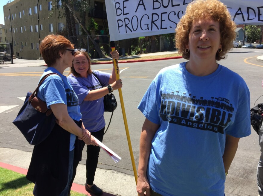 Linda Bessin, a member of anti-Trump group Indivisible, wanted to hear about ways that politicians such as Feinstein were going to stand up to the president.