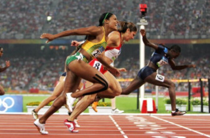 Dawn Harper of the United States crosses the line to win the Women's 100m Hurdles Final held at the National Stadium on Day 11 of the Beijing 2008 Olympic Games on August 19, 2008 in Beijing, China.
