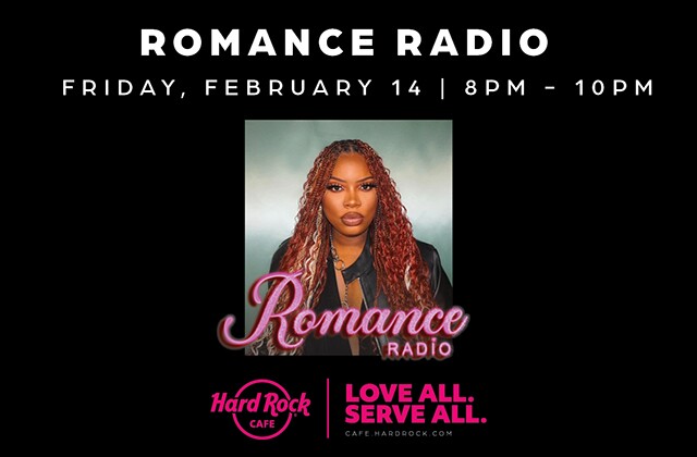 A digital banner promoting the Romance Radio event with DJ RoseGawd on February 14, 2025. It features a portrait of DJ RoseGawd, a Black woman with red box braids.