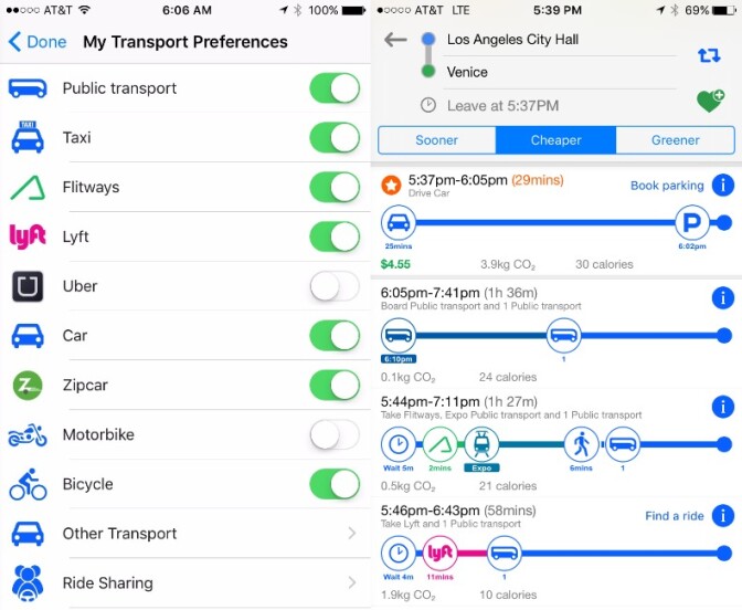 The screenshot at left shows selected mode options to include in route searches. The screenshot at right shows suggested routes filtered by which are cheapest. You can also select "Sooner" or "Greener" as filters.