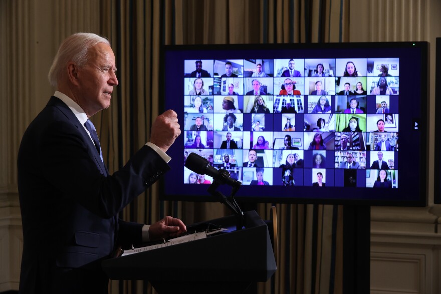 WASHINGTON, DC - JANUARY 20:  U.S. President Joe Biden conducts a virtual swearing in ceremony for members of his new administration via Zoom just hours after his inauguration in the State Dining Room at the White House January 20, 2021 in Washington, DC. Biden became the 46th president of the United States earlier today during the ceremony at the U.S. Capitol.  (Photo by Chip Somodevilla/Getty Images)