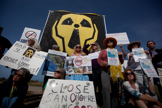 A couple dozen nuclear protesters gathered to call for the closure of the San Onofre Nuclear Plant on April 6, 2012.