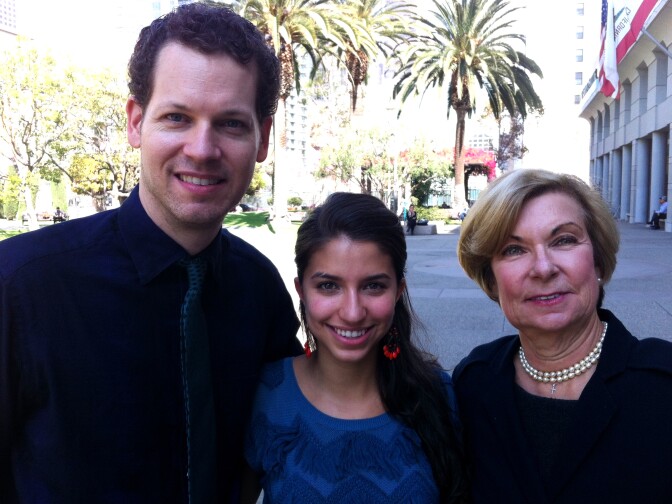 FIDM curator Kevin Jones, student Vanessa Puccini, and VP of Education Barbra Bundy on the campus of the downtown LA school Tuesday. 