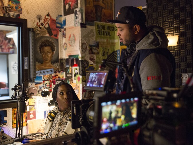 Actress Ashley Blaine Featherson with Justin Simien on the set of "Dear White People."