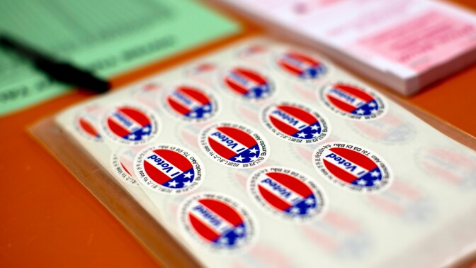 "I voted" stickers are given out at Canyon Springs School's library on Tuesday evening, June 3, 2014 in Santa Clarita during Los Angeles County's primary election.