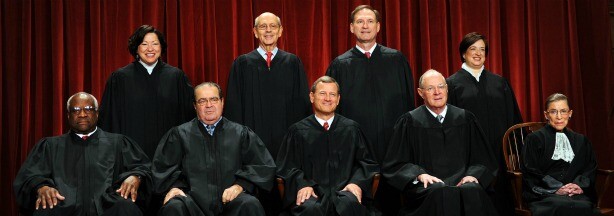 The Justices of the US Supreme Court sit for their official photograph on October 8, 2010 at the Supreme Court in Washington, DC. Front row: Associate Justice Clarence Thomas, Associate Justice Antonin Scalia, Chief Justice John G. Roberts, Associate Justice Anthony M. Kennedy and Associate Justice Ruth Bader Ginsburg. Back Row: Associate Justice Sonia Sotomayor, Associate Justice Stephen Breyer, Associate Justice Samuel Alito Jr. and Associate Justice Elena Kagan.