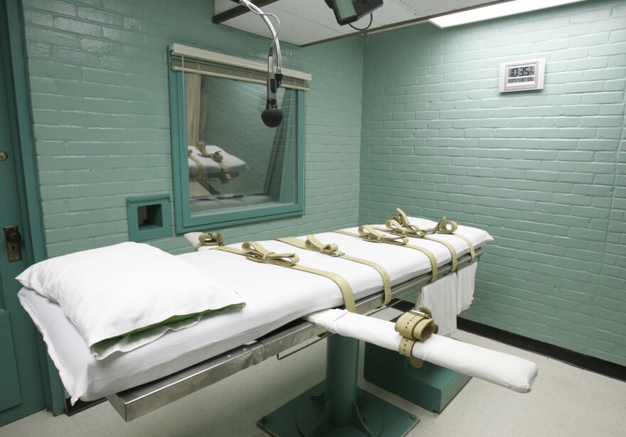 A file photo from 2008 shows a gurney in Huntsville, Texas, where inmates received lethal injections of drugs. Eight people were executed in Texas in 2023. The state policies mention a "drug team," who are not employees of the Texas Department of Criminal Justice.