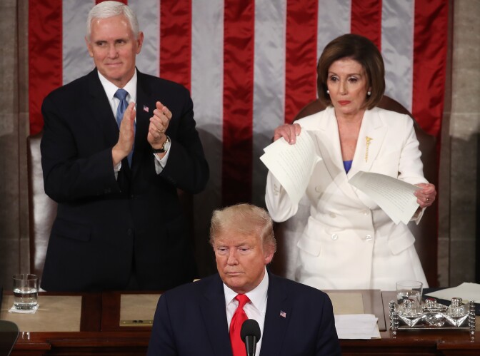 WASHINGTON, DC - FEBRUARY 04: House Speaker Rep. Nancy Pelosi (D-CA) rips up pages of the State of the Union speech after U.S. President Donald Trump finishes his State of the Union speech in the chamber of the U.S. House of Representatives on February 04, 2020 in Washington, DC. President Trump delivers his third State of the Union to the nation the night before the U.S. Senate is set to vote in his impeachment trial.  (Photo by Mark Wilson/Getty Images)