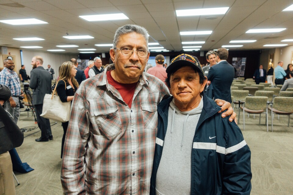 Army veterans Raul Aguiar and Arthur Gonzales both served in Vietnam. They attended a hearing on the Principal Developer search for the West LA VA Campus to voice concerns about the relocation of the PTSD clinic in Building 256 they rely on for care. 