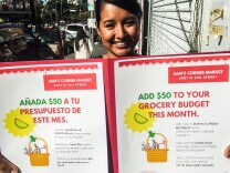 Sandra Contreras of the Los Angeles Food Policy Council recruits CalFresh customers for the program, which offers up to $50 a month in vouchers to buy fruits and vegetables at Sam's Corner Market in MacArthur Park. 