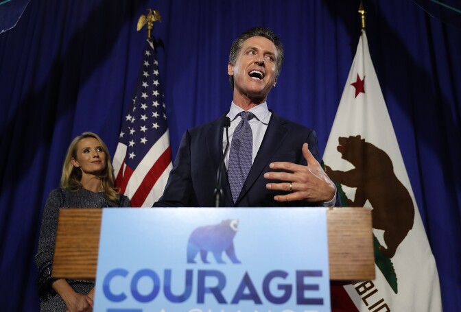 Democratic California gubernatorial candidate Lt. Gov. Gavin Newsom speaks during his primary election night gathering on June 5, 2018 in San Francisco. Newson claimed the top spot in the California gubernatorial primary election ahead of Republican candidate John Cox.