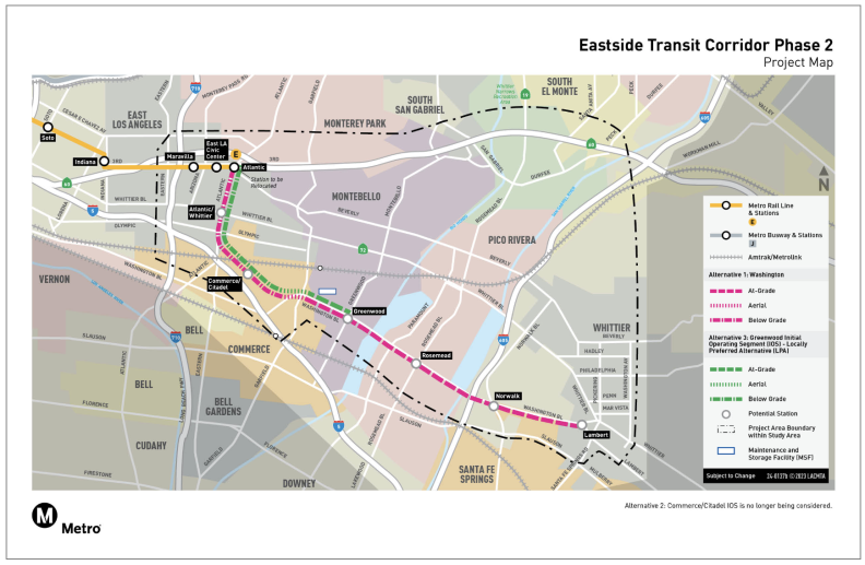 A multi-colored map with lines in yellow, green and pink depicting existing and planned rail lines.