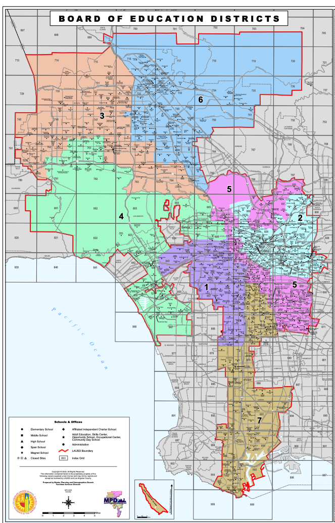 Map of Los Angeles shows the boundaris of seven school board districts in pastel colors.