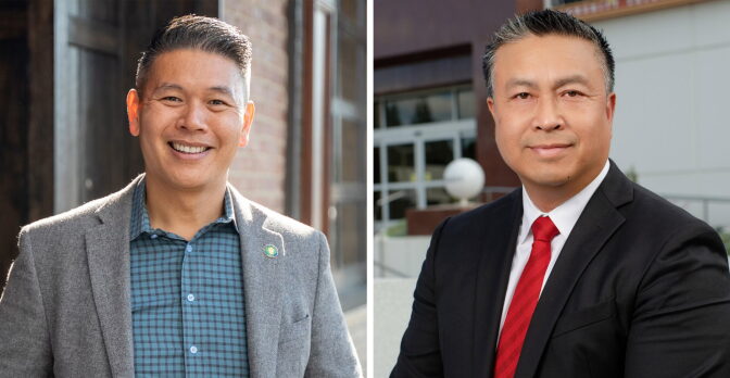 Two photos side by side. Left photo pictures a smiling man wearing a gray jacket and blue and gray plaid  shirt. Right photo pictures a man wearing a black suit, white shirt and red tie.