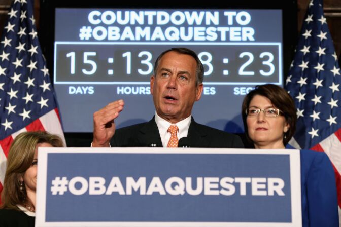 Speaker of the House John Boehner (R-OH) (C) answers reporters' questions during a news conference with (L-R) Rep. Martha Roby (R-AL) (obscured) and Rep. Cathy McMorris Rodgers (R-WA) at the Republican Party Headquarters on Capitol Hill February 13, 2013 in Washington, DC. The House Republican leaders squarly layed blame for the pending fiscal sequestration on President Barack Obama and said it was his and Senate Democrats who must avert the manditory spending cuts that will go into affect March 1.  
