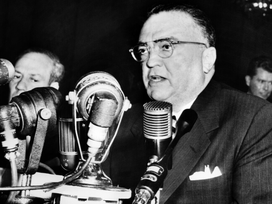 John Edgar Hoover, Director of the Federal Bureau of Investigation gives a speech on November 17, 1953, in Washington.