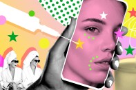 A graphic illustration that shows three women sitting in a row wearing white bath robes, black sunglasses and their hair wrapped in white towels. A hand with white nail polish holding a phone with a woman's face on it. An illustration of a needle is pictured poking into the woman's face