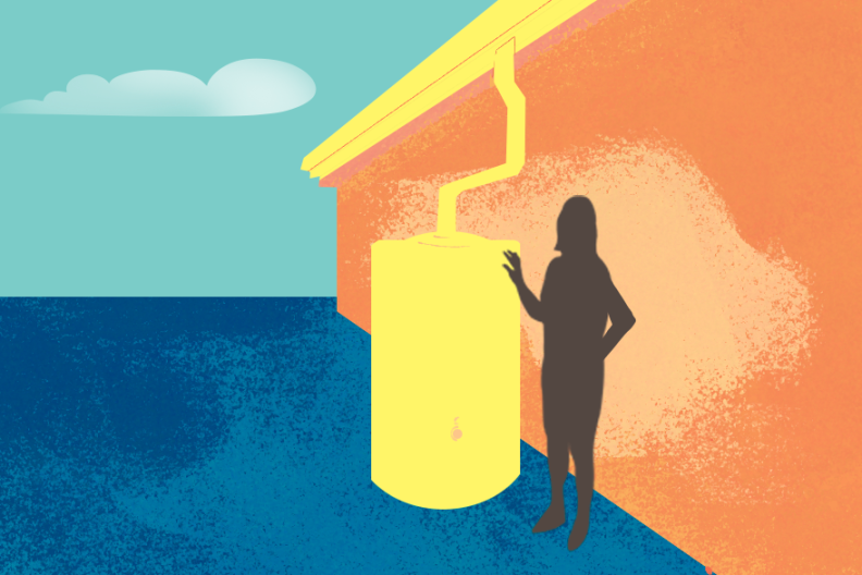 A an image with blue, yellow and orange color blocks with a silhouette of a person leaning against a yellow color-blocked rain barrell. 