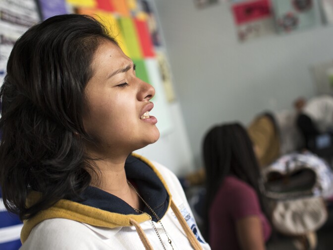 Sophomore Elvira Rodriguez recites "Royal Heart" by Andrea Gibson during a rehearsal for the semifinals and finals of the Get Lit Classic Slam poetry competition at College Bridge Academy in Watts on Tuesday afternoon, April 19, 2016. Rodriguez wrote an untitled response to Gibson's poem.