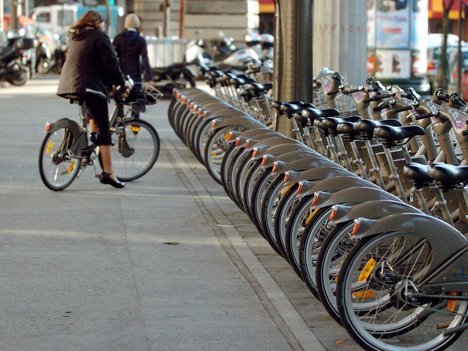 A row of Velib rental bicycles sits in a rack in central Paris shortly after the program was introduced in 2007.