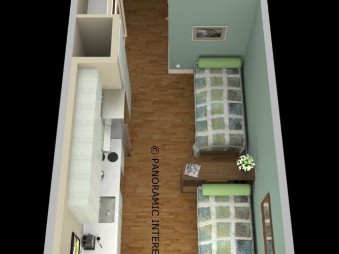 Rendering of the Smartspace Soma interior of double twin beds room.