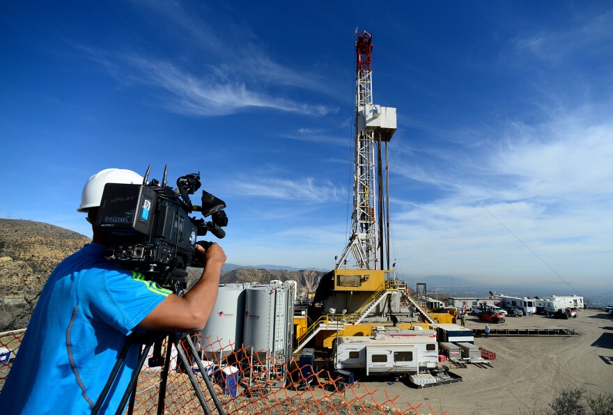 Crews from SoCalGas and outside experts work on a relief well at the Aliso Canyon facility above Porter Ranch on Dec. 9, 2015. Once the relief well is connected to the leaking well, SoCalGas will pump fluids and cement into the bottom of the leaking well to stop the flow of gas and permanently seal the well.