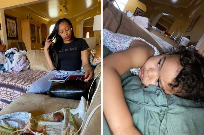 Allana Duncan (left) sits on her couch. A sleepy Eden (right) rests.