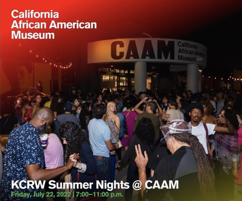 Dozens of pople dance near a sign reading: CAAM California African American Museum