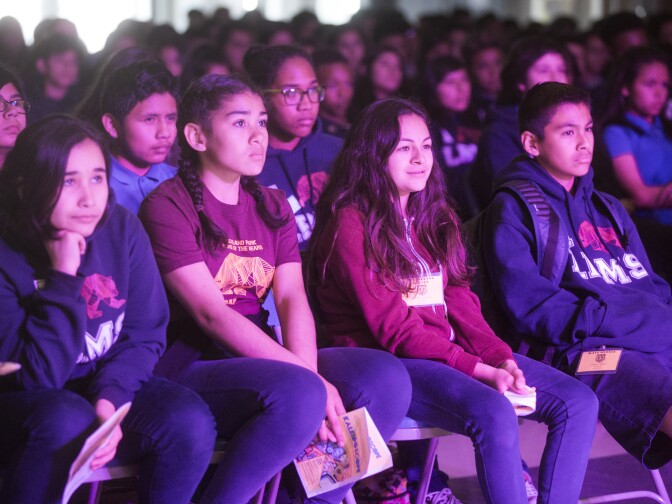 Students at Burbank Middle School watch the play "Kaleidoscope" in the auditorium on Friday, April 29, 2016. The play is performed by students from the School of History & Dramatic Arts, a college and career preparatory program.