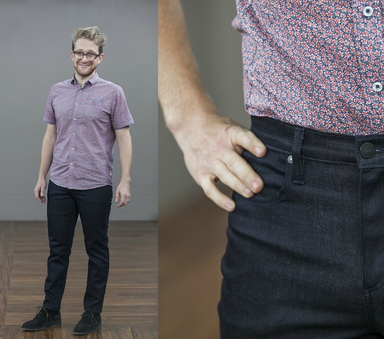 Jacob Margolis wears biking jeans made by Rapha.