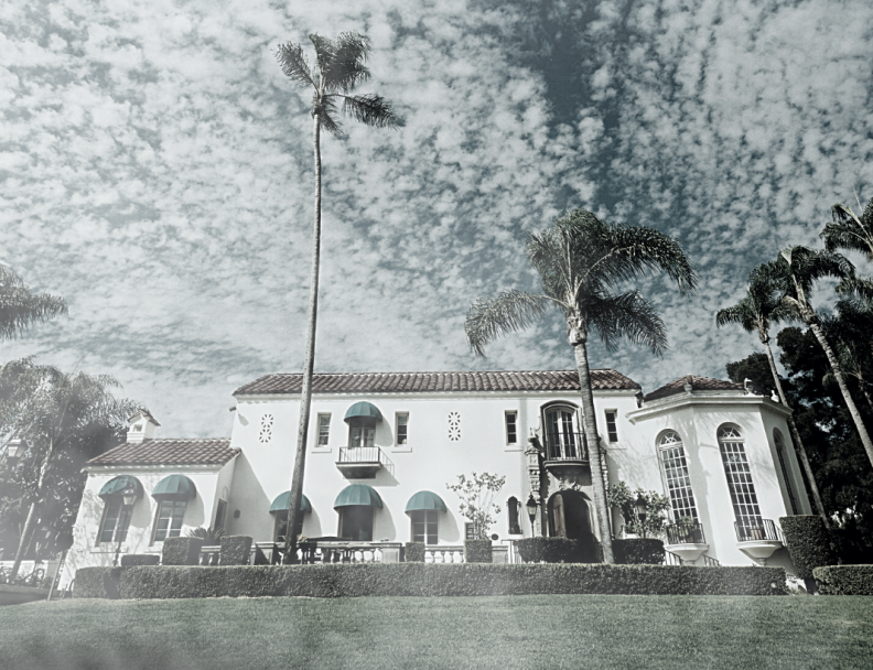 The Muckenthaler mansion in Fullterton with a cloudy, eerie filter.