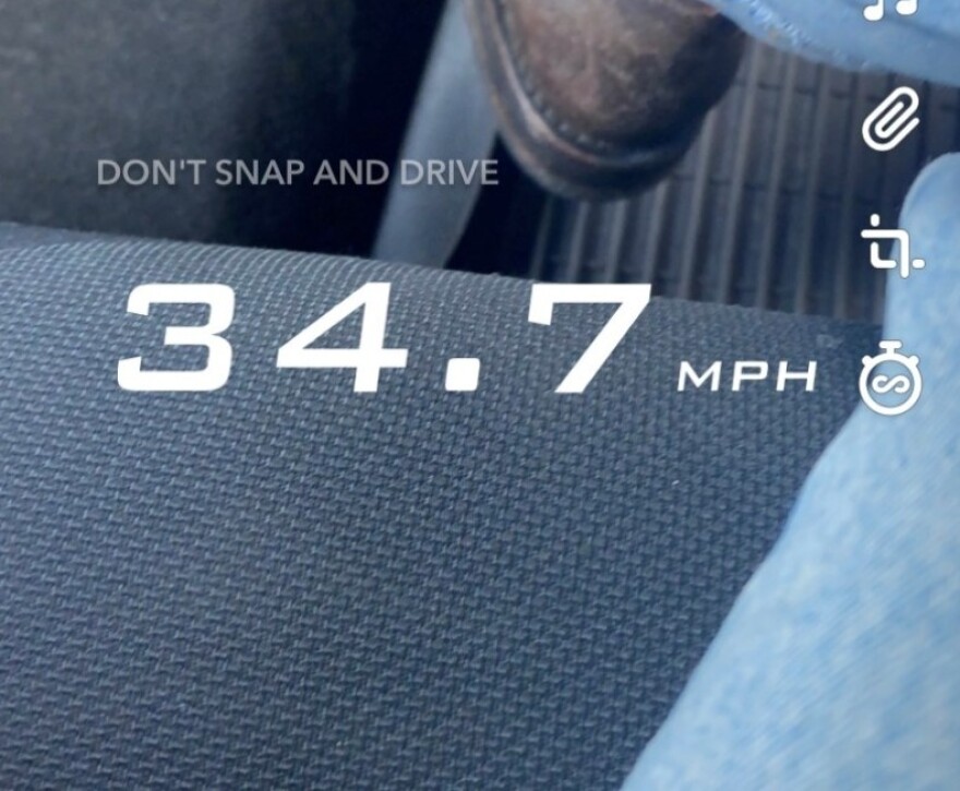 An iPhone screengrab of Snapchat's speed filter, which allows users to record and share how fast they are moving. Snap told NPR that it is eliminating the tool.