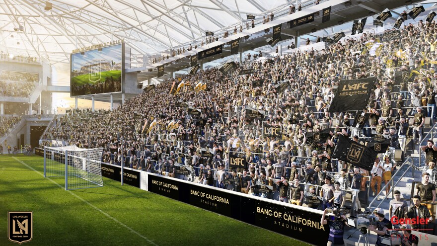 An architect's rendering of the Supporters Section of the new Banc of California Stadium, home of the Los Angeles Football Club.