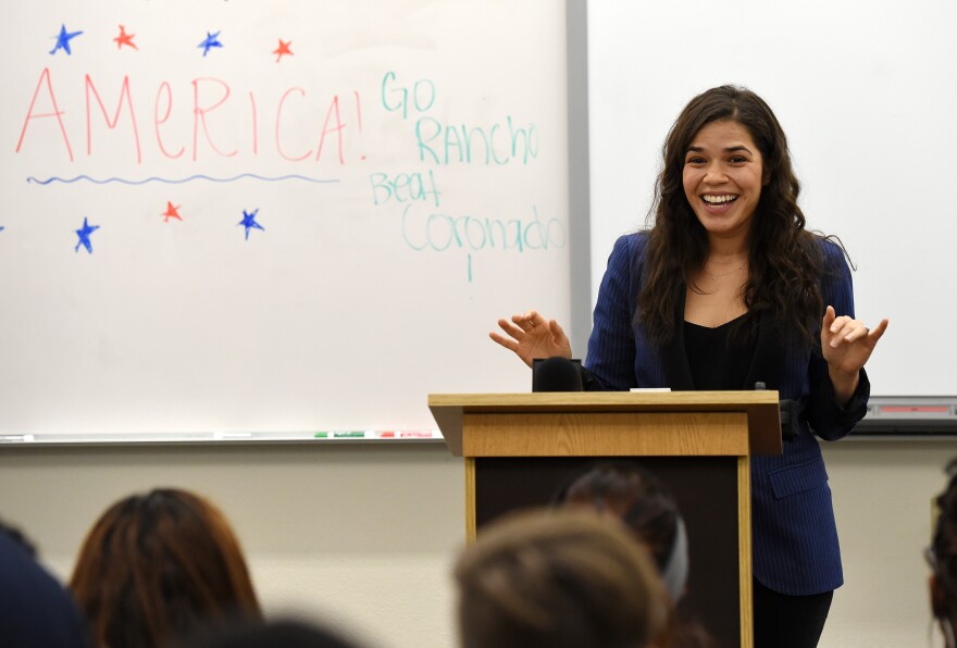 Actress America Ferrera talks to students at Rancho High School as she partners with Voto Latino to discuss the importance of young voters, including Latinos, participating in the civic process.