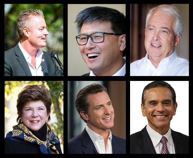 (Left to right, top to bottom) 2018 gubernatorial candidates Travis Allen, John Chiang, John Cox, Delaine Eastin, Gavin Newsom, Antonio Villaraigosa.