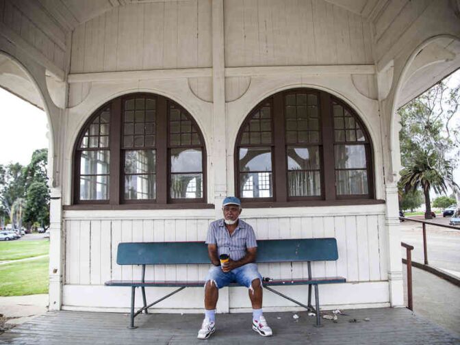 Conly Mims, 59, a Marine Corps veteran, is seen in the old trolley building. Mims participates in the Salvation Army Haven Program, which caters to veterans struggling with a variety of complex problems such as a shortage of housing and chronic medical issues.